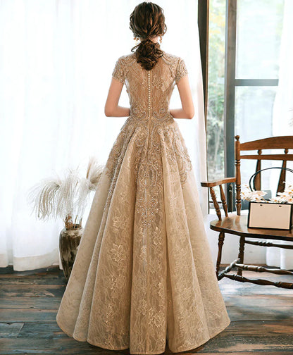 Champagne Lace High Low Short Sleeves Prom Dress, High Low Homecoming Dress