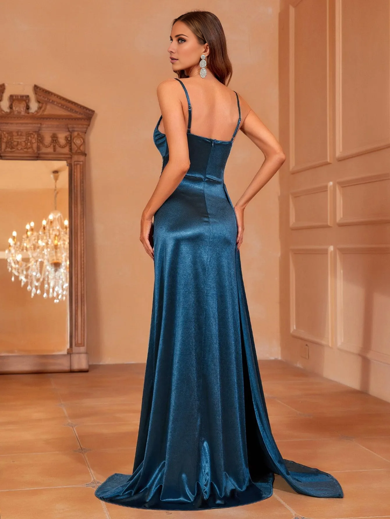 V-neck pleated side hanging satin thin shoulder strap formal dress