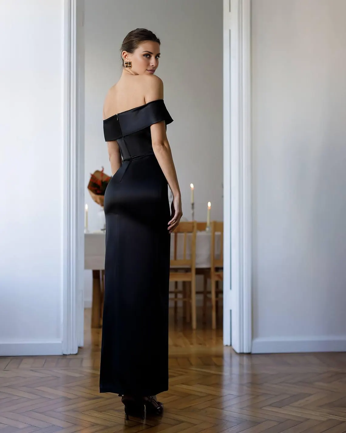 Jimiss - Off Shoulder Collar Satin Sleeveless Back and Floor length Prom Dress