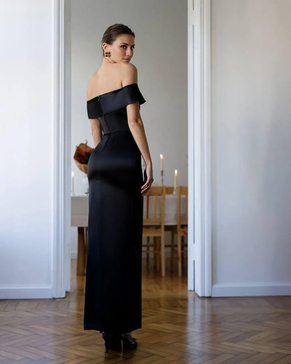 Jimiss - Off Shoulder Collar Satin Sleeveless Back and Floor length Prom Dress