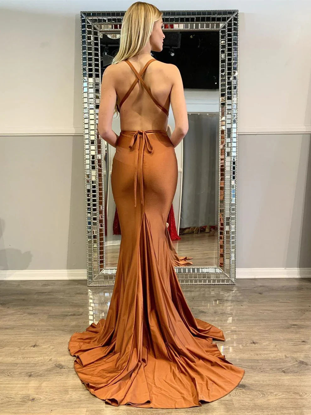 Jimiss sexy long mermaid V-neck satin backless graduation formal prom dress