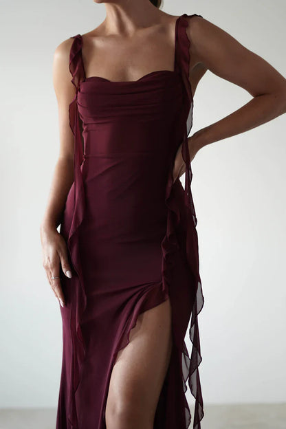 Square neck thin shoulder strap off shoulder long Prom dress - Jimiss Dress
