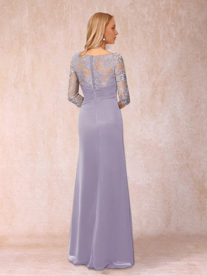 Tight fitting/pillar 3/4 sleeve and floor length decal mother of the bride dress