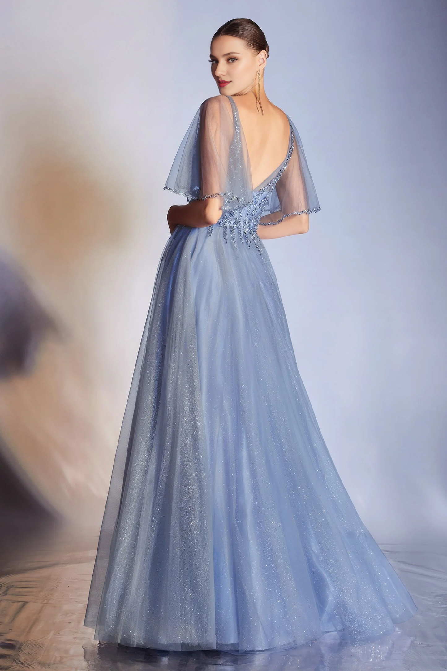 A-line sheer V-neck transparent short sleeved and floor length Prom dress