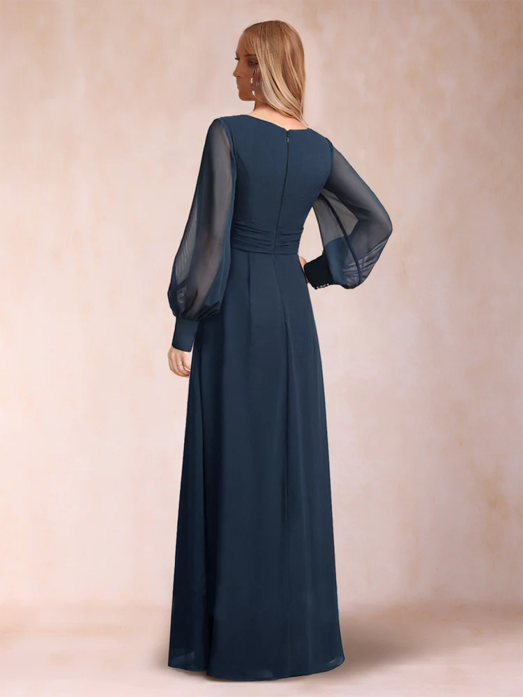 A-line Princess long sleeved V-neck mother of the bride dress