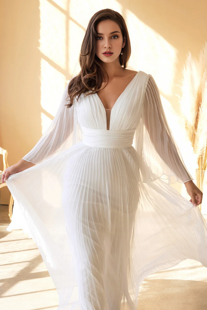 Wrinkled long flared sleeves off white wedding dress