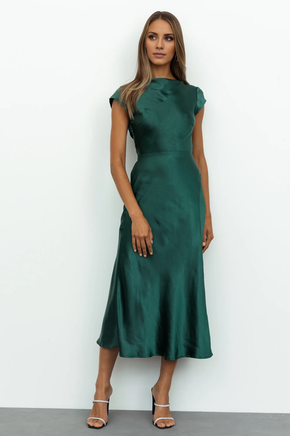 Jimiss boat neckline satin backless side slit long Prom dress
