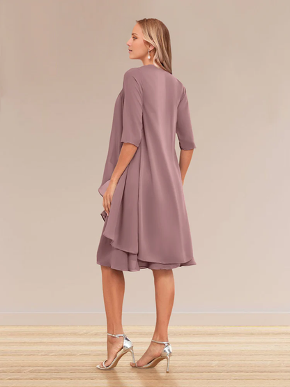 A-line princess half sleeved formal dress with ruffled edges mother of the bride dress