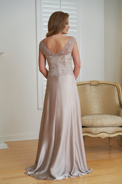 Boat neck V-shaped back bead embroidery and ground length mother of bride dresses