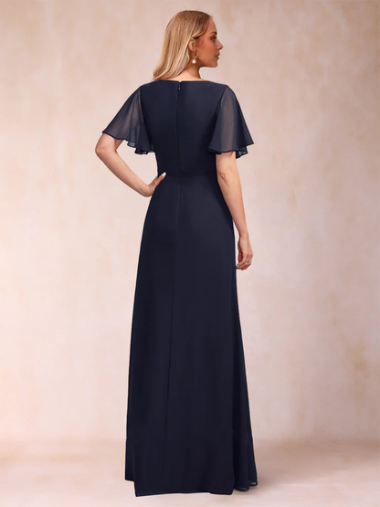 A-line princess floor length short sleeved V-neck mother of the bride dress
