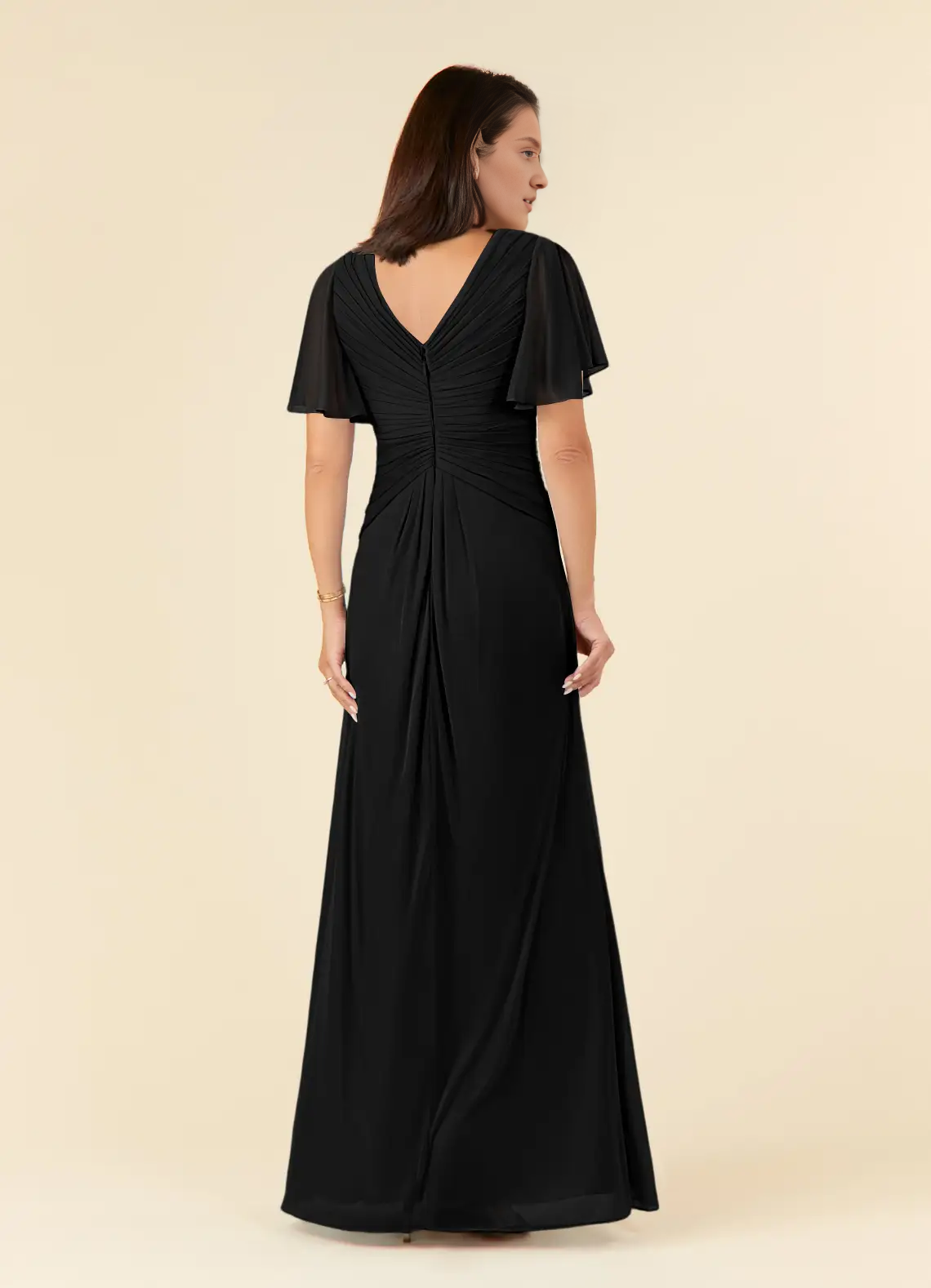 A-line V-neck pleated mesh and floor length mother of the bride dress
