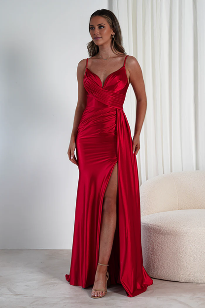 Thin shoulder strap V-neck satin side slit and floor length Prom dress - Jimiss Dress