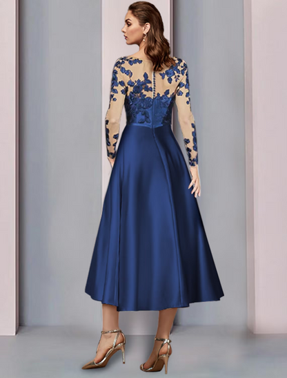 A-Line Mother of the Bride Dress Wedding Guest Elegant V Neck Satin Lace Long Sleeve with Appliques