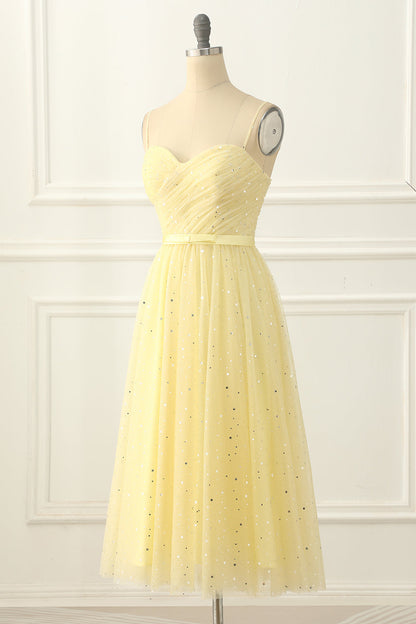 Yellow Tulle Spaghetti Straps Midi Sparkly Prom Dress Short