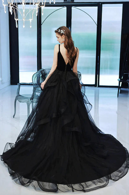 Black Straps V-neckline Tulle Long Party Dress, Black Low Back Prom Dress Formal Dress
