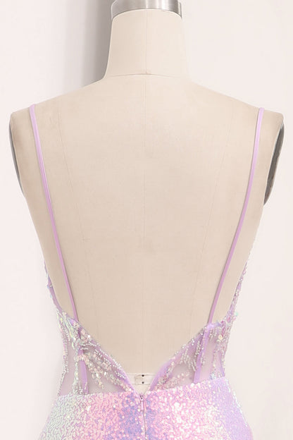 Light Purple Sequined Mermaid Long Corset Prom Dress With Slit Sparkly