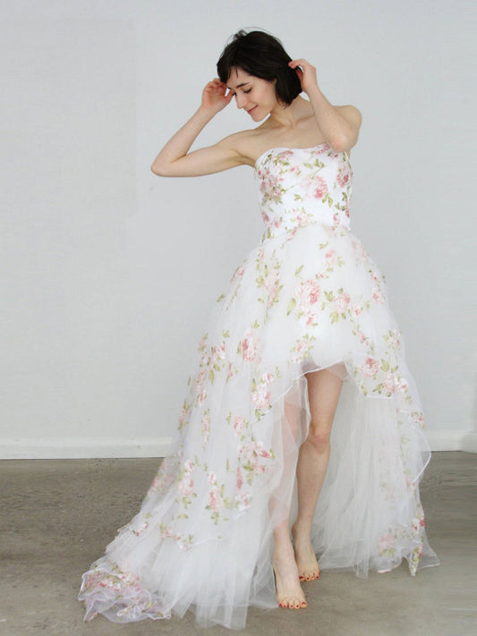 White lace tulle high low prom dress, white evening dress