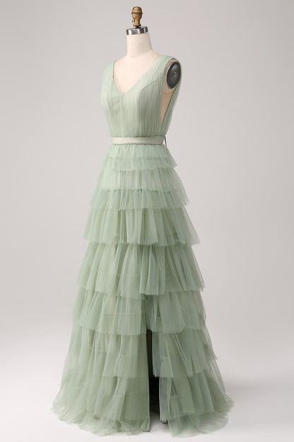A-Line V Neck Tiered Floor Length Tulle Maxi Dress With Slit Prom Dresses