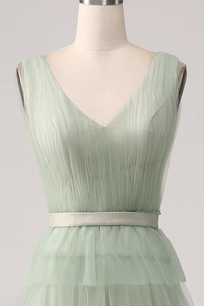 A-Line V Neck Tiered Floor Length Tulle Maxi Dress With Slit Prom Dresses