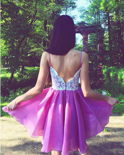 A Line V Neck Organza Homecoming Dresses Lace Appliques