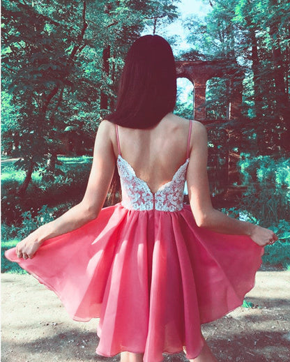 A Line V Neck Organza Homecoming Dresses Lace Appliques