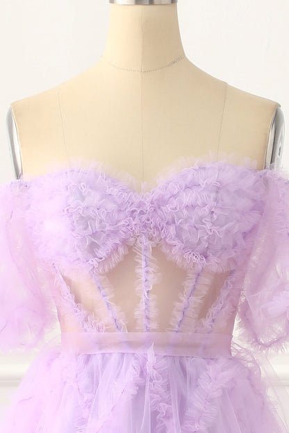 Off The Shoulder A-Line Tulle Lavender Prom Dress Long