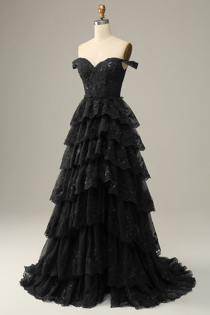 Black Off The Shoulder Tiered Tulle Long Prom Dress With Slit Sexy