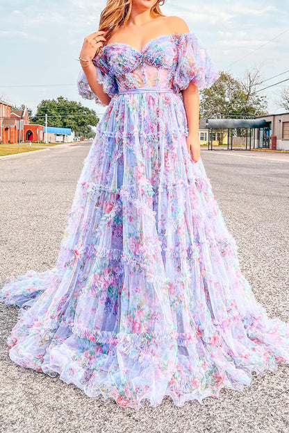 A Line Pink Green Flower Strapless Corset Tulle Long Prom Dress Off Shoulder