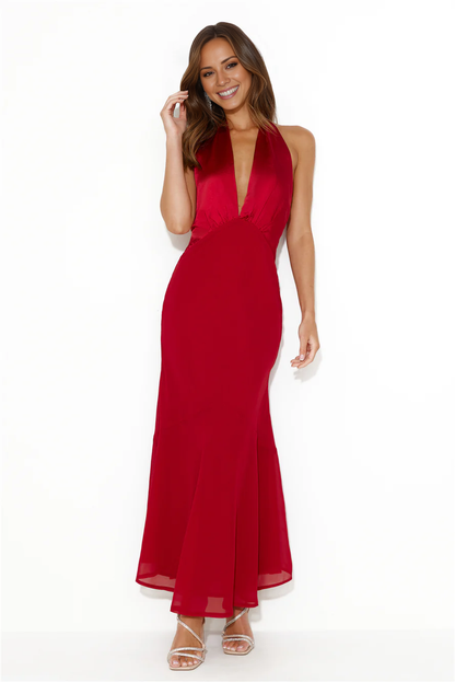 Jimiss deep V-neck hanging satin backless long Prom dress