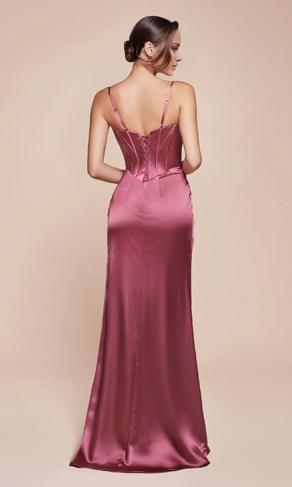 Jimiss off shoulder satin thin shoulder strap tight corset with side slit and floor length Prom dress