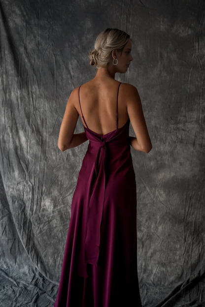 Jimiss - Thin shoulder strap satin scarf collar backless long Prom dress