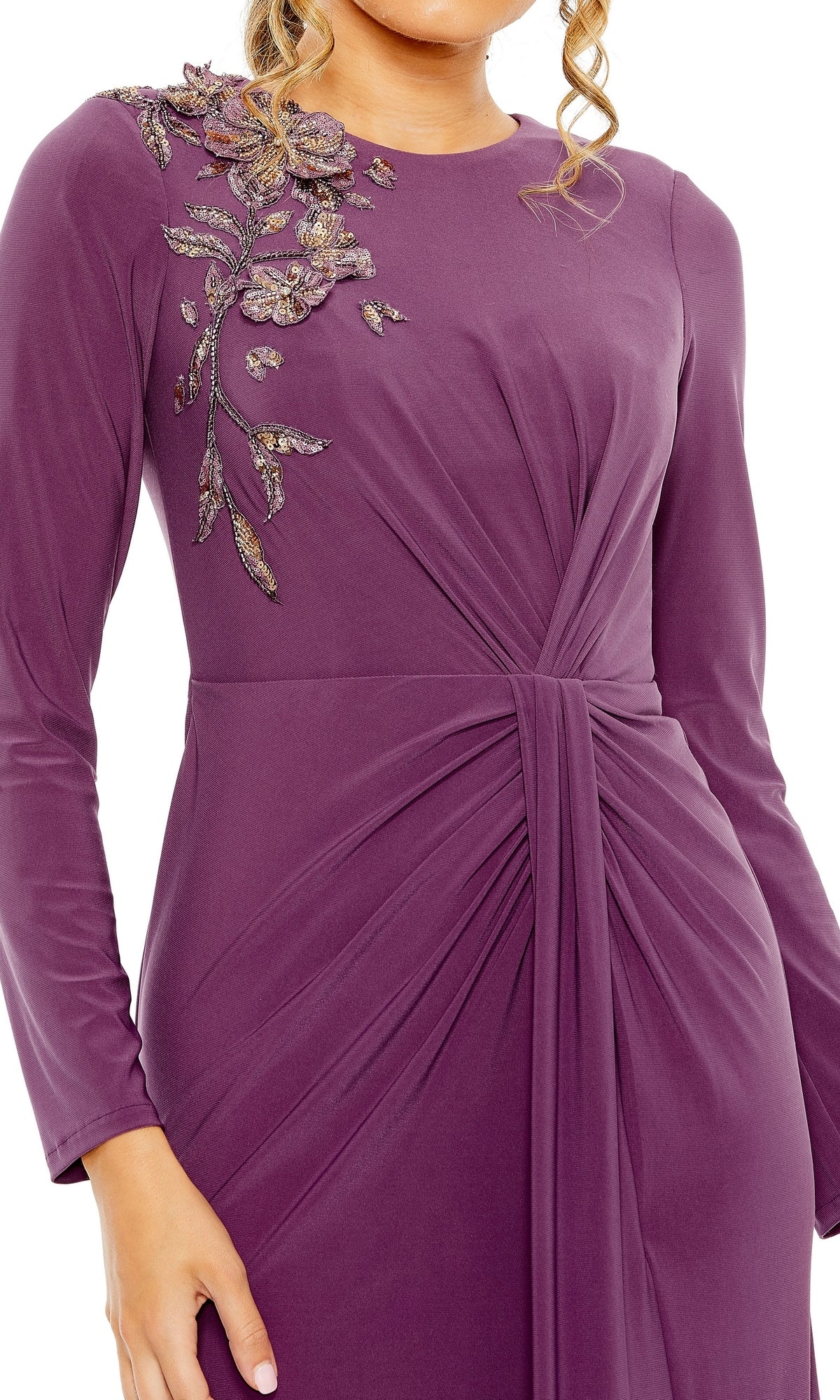 Fitted formal floral embroidery long sleeved and floor length Prom dress