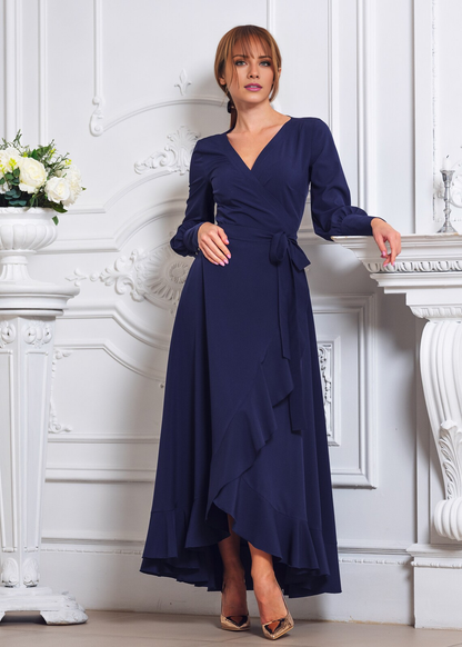 Jimiss A-type long sleeved V-neck side slit and floor length Prom dress