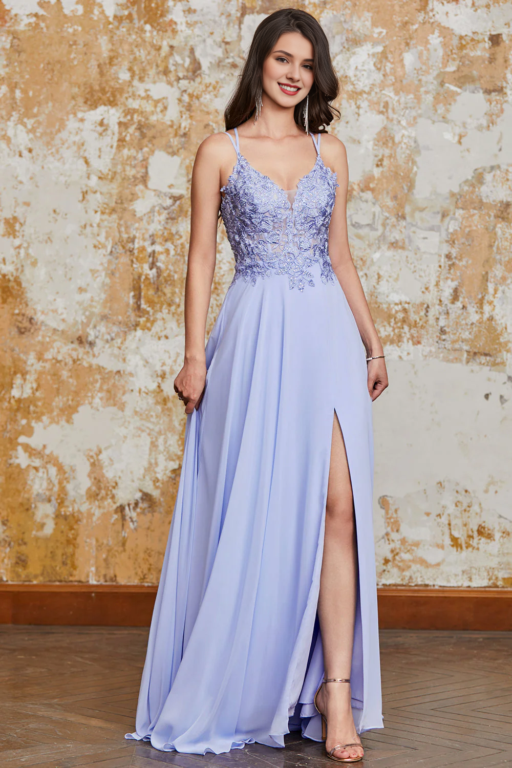 Lavender Purple A-line Thin Shoulder Strap Cross Back Long slit Evening Dress