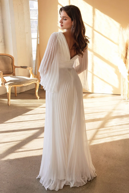 Wrinkled long flared sleeves off white wedding dress