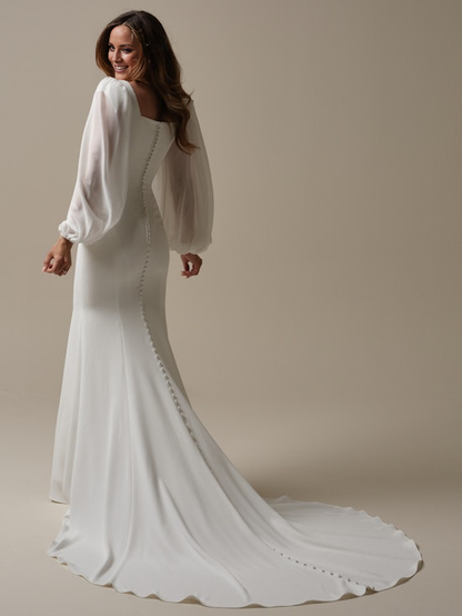 Simple square neck tight crepe and floor length wedding dress