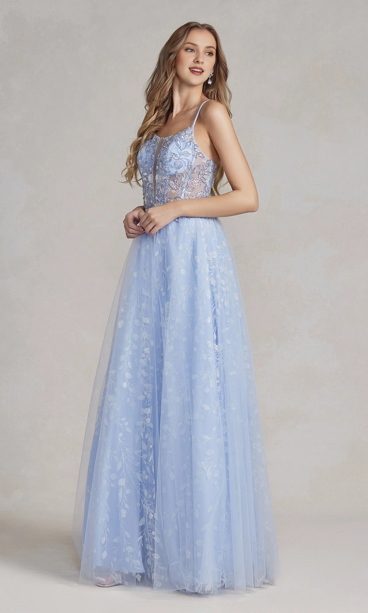 A-line V-neck transparent lace tight corset and floor length Prom dress