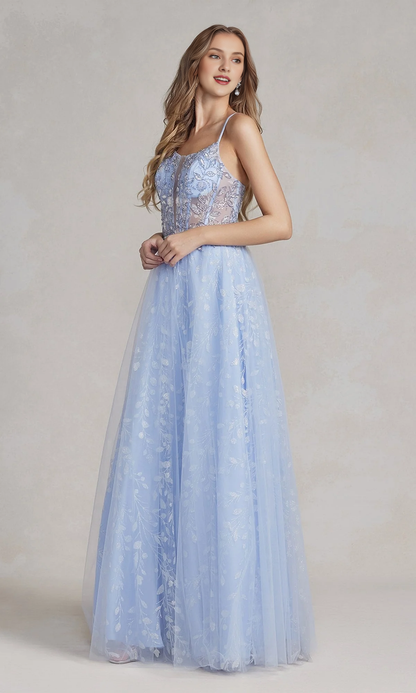 A-line V-neck transparent lace tight corset and floor length Prom dress