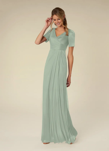 A-line short sleeve pleated mesh floor-length mother of the bride dress