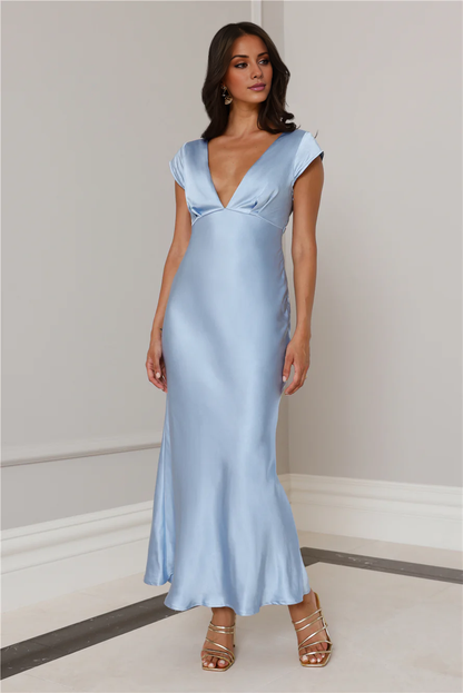 Jimiss V-neck satin short sleeved backless long Prom dress