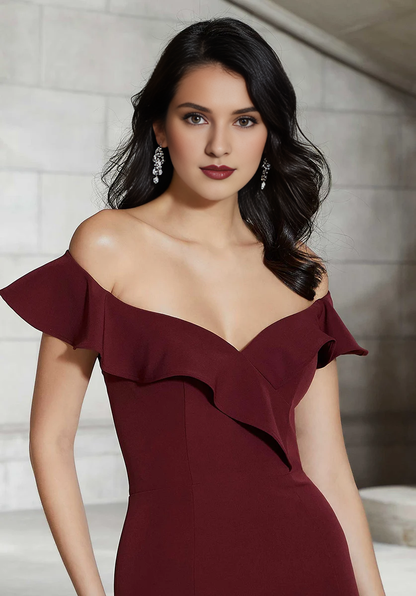 Mermaid off shoulder collar with ruffled edges and ground length godons evening dresses