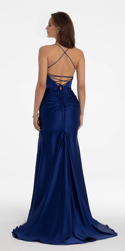 Jimiss off shoulder satin thin shoulder strap with backless side slit and floor length Prom dress