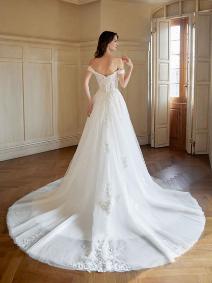 Elegant off shoulder A-line ultra long lace wedding dress