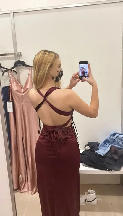 Jimiss Simple Wine Red V-neck Long Party Dress Formal Prom Dress
