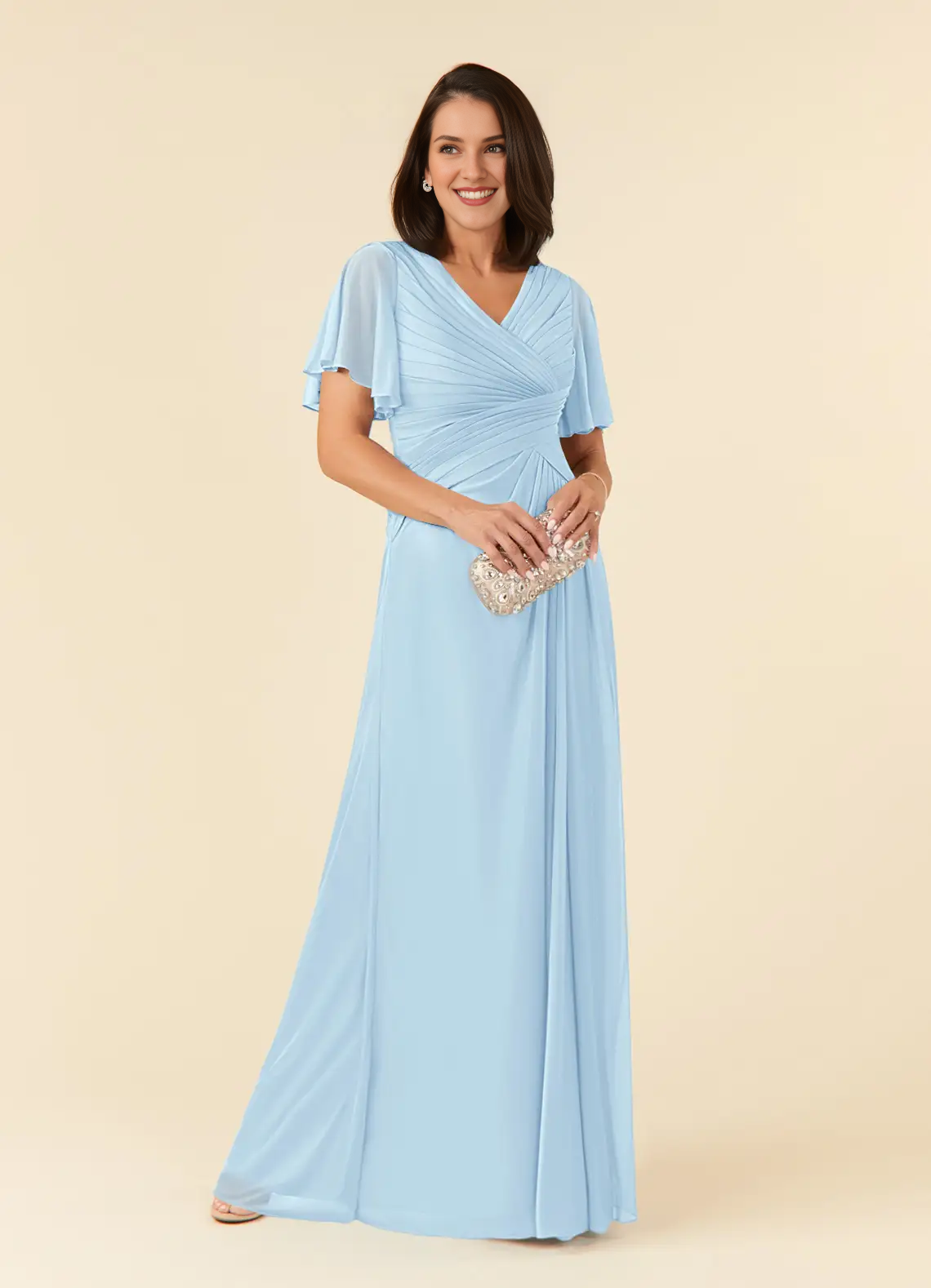 A-line V-neck pleated mesh and floor length mother of the bride dress