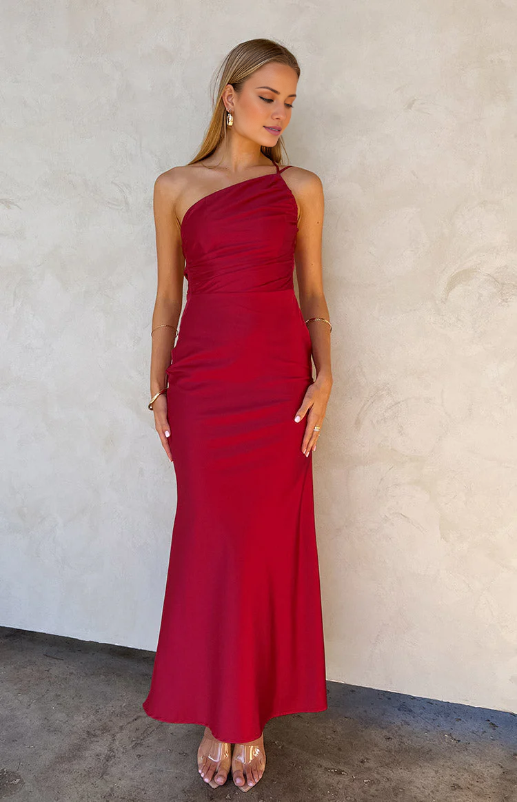 Jimiss asymmetrical neckline backless satin side slit long Prom dress