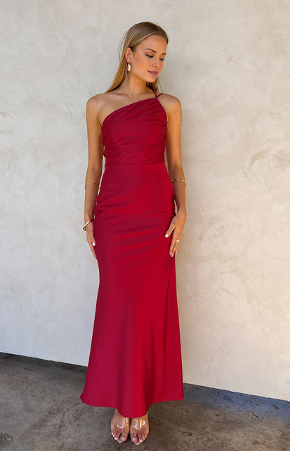 Jimiss asymmetrical neckline backless satin side slit long Prom dress