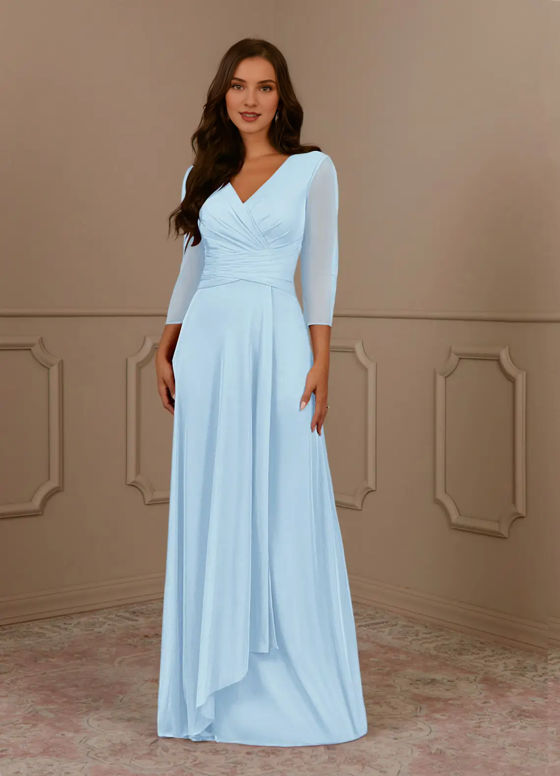 A-line V-neck pleated mesh and floor length mother of the bride dress