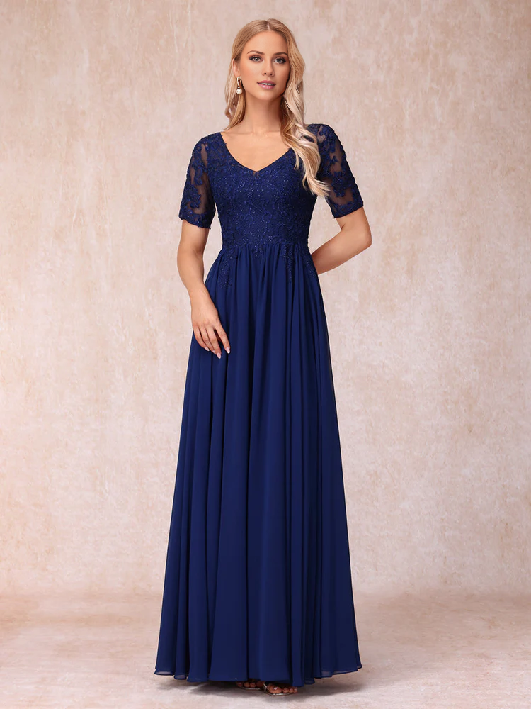 A-line/Princess V-neck short sleeved long formal mother of the bride dress