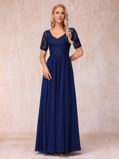 A-line/Princess V-neck short sleeved long formal mother of the bride dress